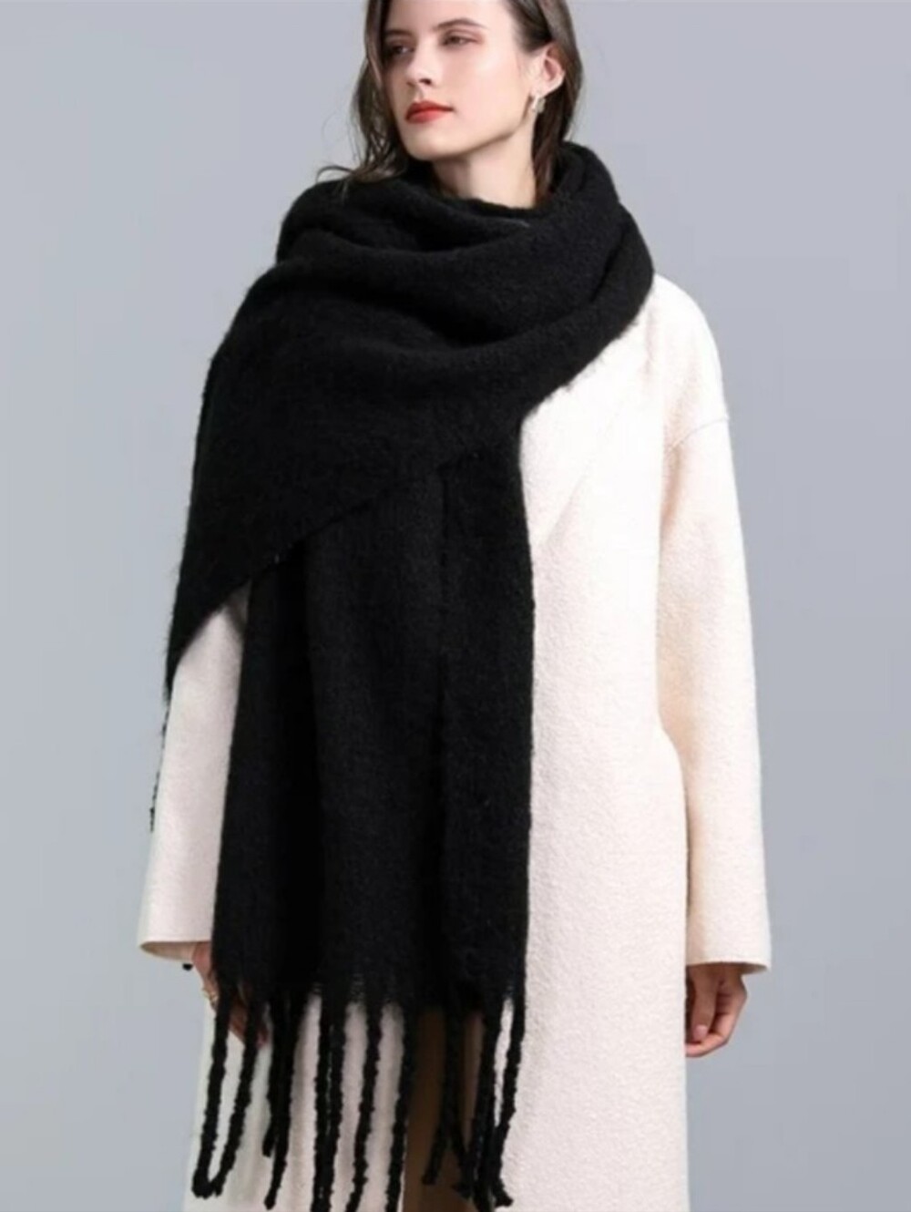 Snuggly Oversized Black Fringed Scarf